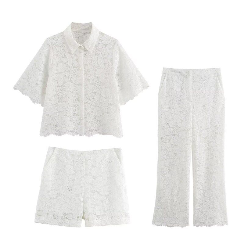 Fashion Style 2024 Summer New Arrival Women's Stylish Elegant Lace Short Tops High Waist Ankle Pants 3254490