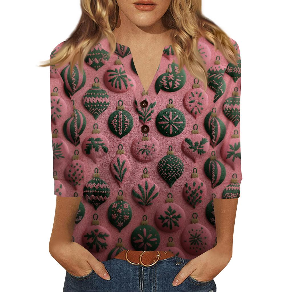 Women's T Shirt Print Button 3/4 Sleeve Daily Weekend Fashion Basic V- Neck Regular Top