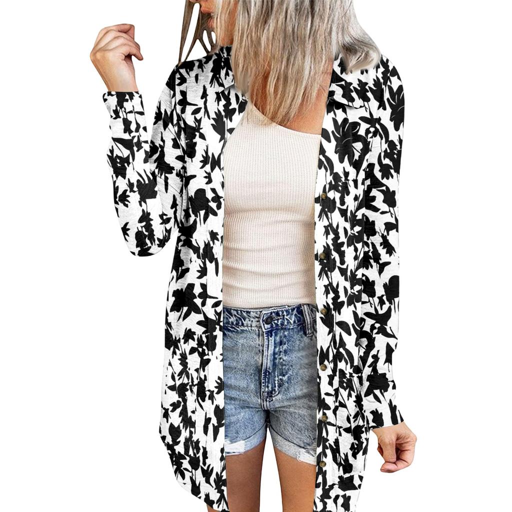 Women's Casual Fashion Printed Long-sleeved Mid-length Cardigan Jacket