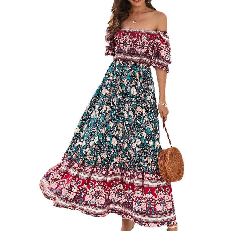 Bohemian Beach Vacation Off Shoulder Puff Sleeve Vintage Comfortable Fashion Dress