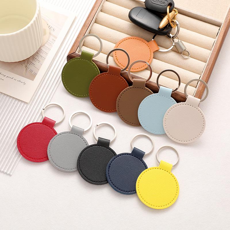 Round PU Leather Keychain with Metal Pendant - Custom Logo Printing Available