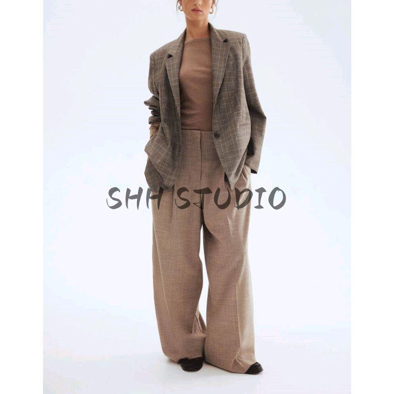 New Fall Women's Clothing Work Clothing Flat Lapel Collar V-neck Single Breasted Linen Blend Casual Suit 1293033