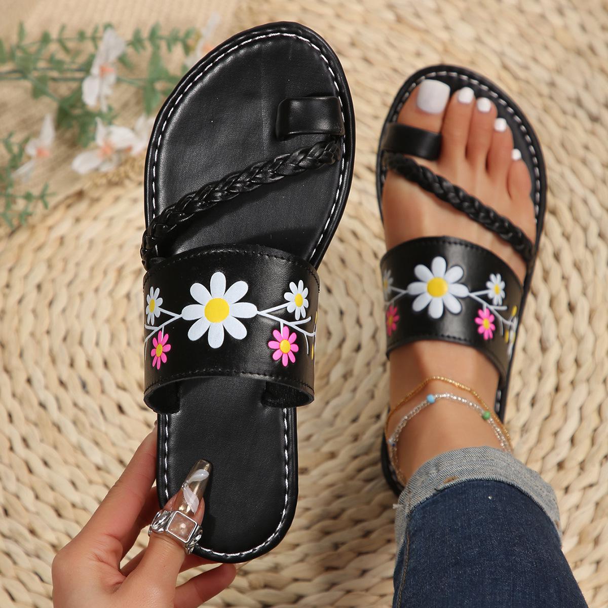 2024 Summer Transparent Floral One-Strap Flat Women s Plus Size Sandals 37 чёрный