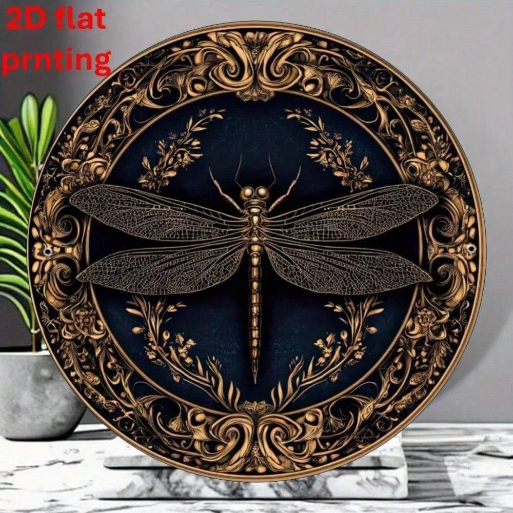 Vintage Dragonfly Floral Metal Wall Art 2D Flat Aluminum Sign Blue Gold Home Decor