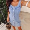 European & American Fashion Sleeveless Denim Dress with U-Neck and Button-Front Design