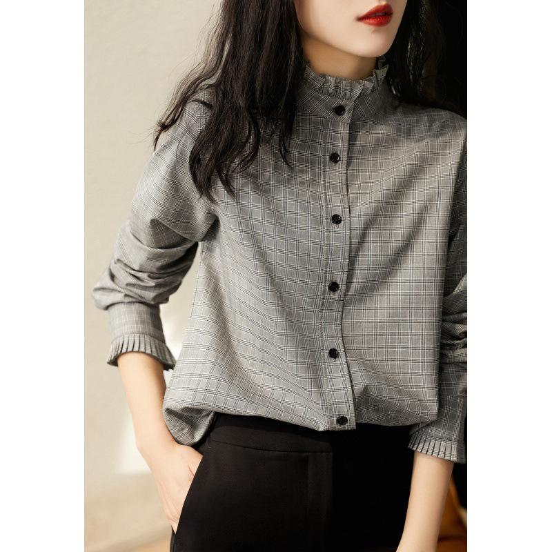 

Рубашка в клетку ретро с воротником-стойкой - Осенний нишевый стиль, Влияние Японии и Южной Кореи M серый