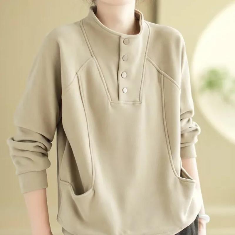German Velvet Half Turtleneck Buttoned Thermal Sweatshirt for Women Loose Korean Versatile Design Pocket Splicing Top