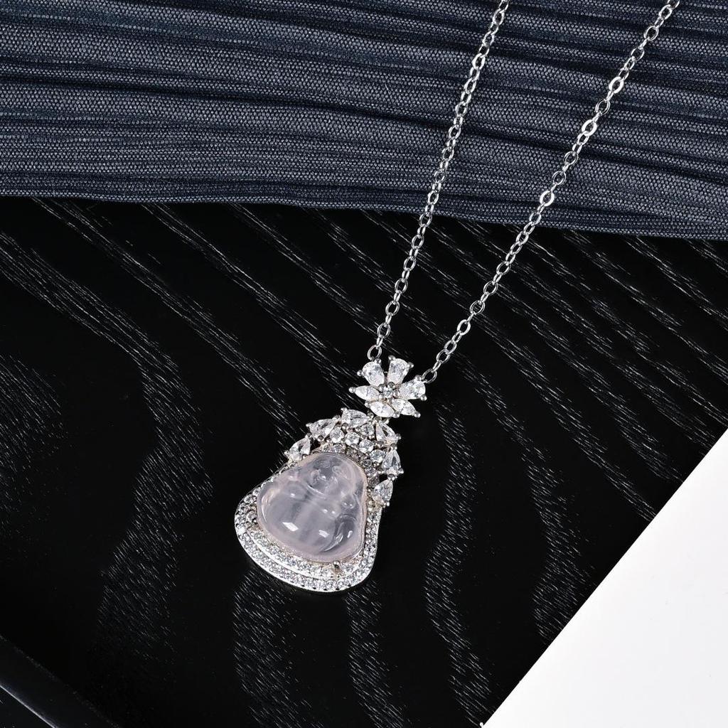 S925 Sterling Silver Rose Quartz Buddha Pendant Necklace - Chinese Style, Light Luxury, High-End Clavicle Chain X145