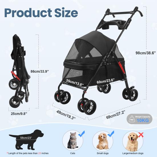 4 Wielen Hondenbuggy Opvouwbare Reis Hond Jogging Buggy met Verstelbaar Handvat Ademend En Zichtbaar Gaas Bekerhouder voor Honden Katten Tot 10kg