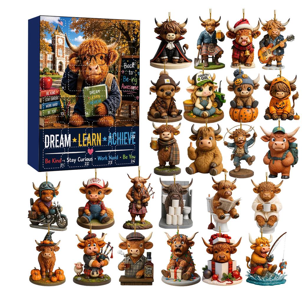 2026 New Highland Cow Figures Advent Calendar , 24PCS Decorative Hanging Ornament Countdown Calendar Christmas Gift Supplies