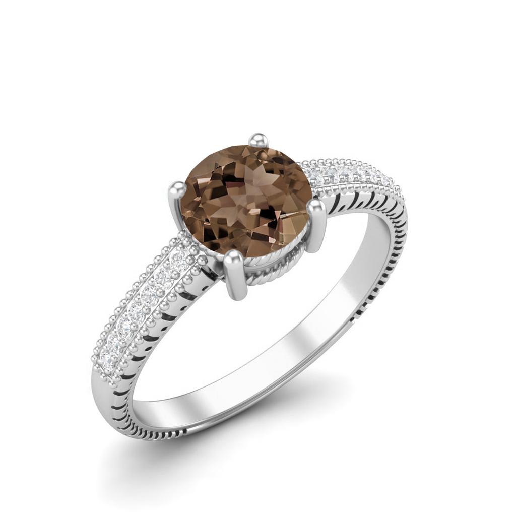 0.97 Ctw Round Smoky Quartz 925 Sterling Silver Solitaire Women Wedding Ring