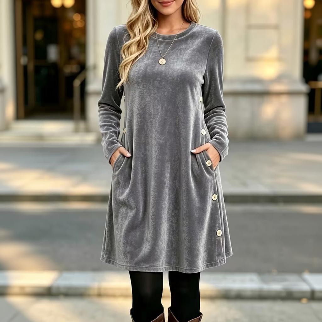 Women's Fashion Color Velvet Button Front Long Sleeve Dress with Loose Fit
