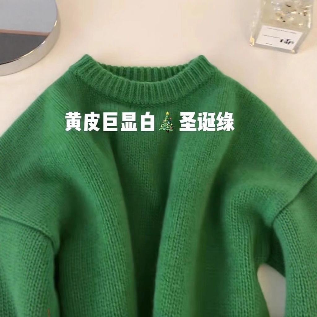 Green Twist Pullover Crew Neck Knitted Sweater Women's Autumn and Winter Thickened Loose Lazy Bottoming Shirt Top