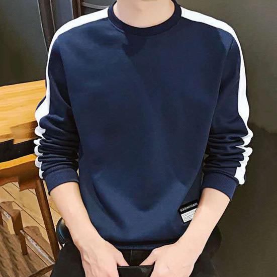 Men Shirt Contrast Colors O Neck Pullover All Match Spring T-shirt for Daily Wear