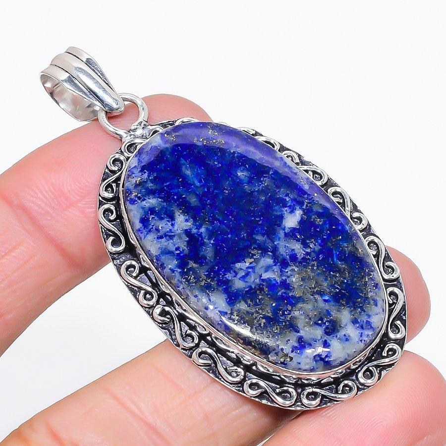 Natural Lapis Lazuli Gemstone 925 Sterling Silver Jewelry Pendant 2.56" E0e73