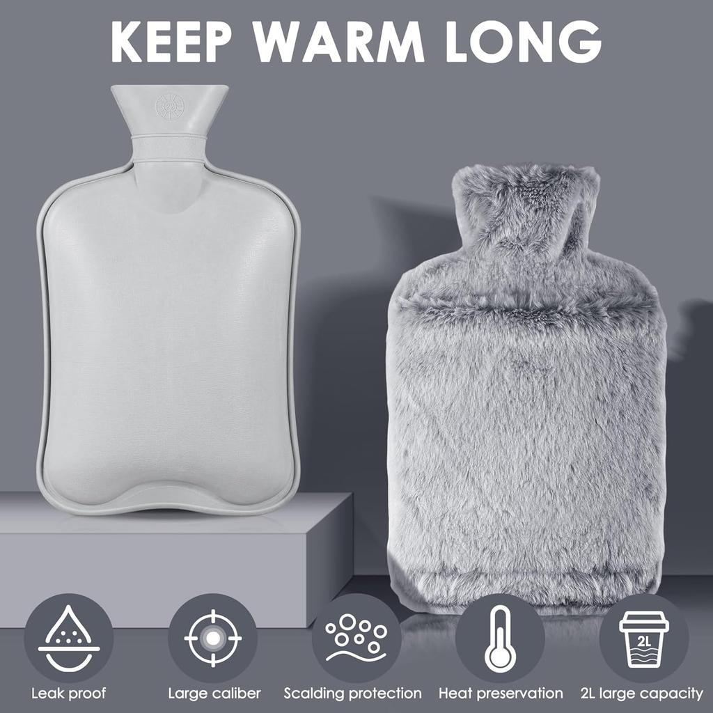 Hot Water Bottle With Soft Cover - Leak-Proof 2L Large Hot Water Bottle  with Kangaroo Pocket, Natural Rubber + Bed Bottle Fluffy, Gifts for Men