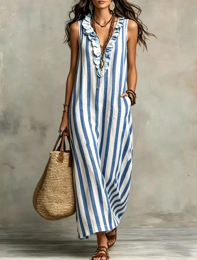European and American cross-border women's clothing Amazon 2026 new bohemian temperament vertical striped V-neck pocket sleeveless long dress