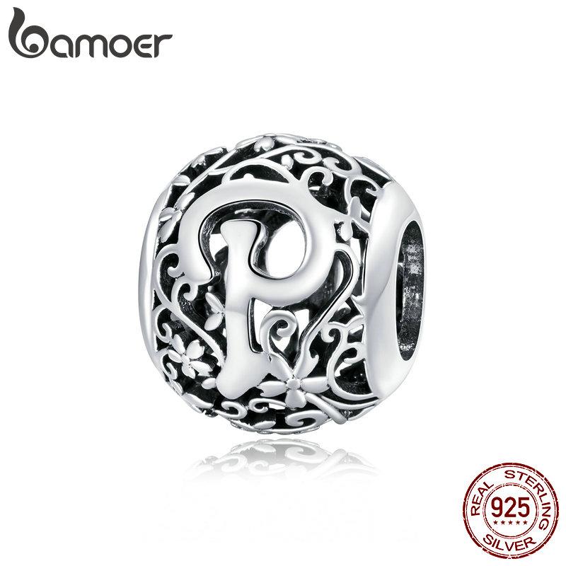 BAMOER 925 Silver Retro Letter Charms Hollowed Alphabet A-Z Round Beads for Women Bracelet DIY Jewelry Making