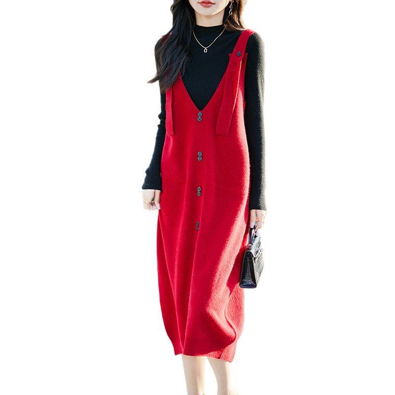 Plus Size Women's Artistic Wool Knit Strap Skirt - Autumn/Winter Versatile, Simple & Cozy Style