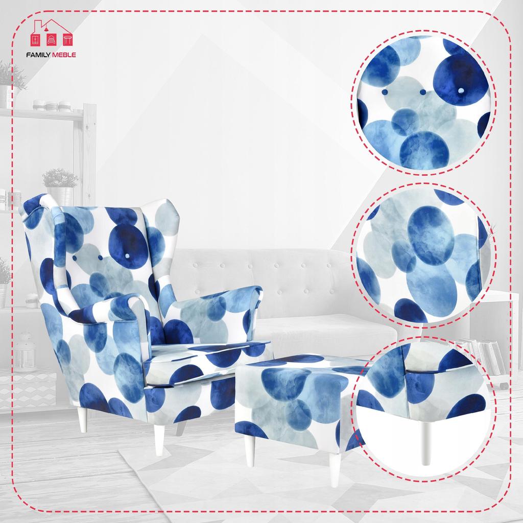 ARI PRINT Wing Chair with Footrest, Scandinavian Family Meble Blue Pas