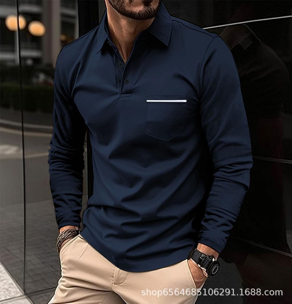 Spring Long Sleeved V-neck Men's Casual Top Polo Shirt