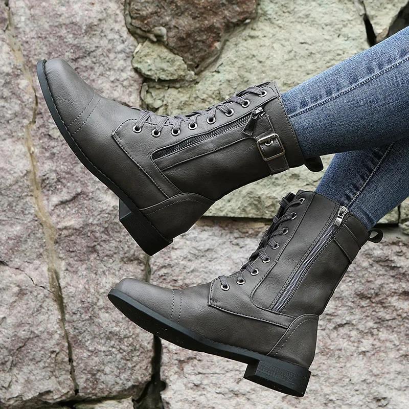 Dámské kotníkové kozačky s hranatým podpatkem podzim zima PU kůže krátké pracovní boty žena nadměrná velikost šněrování elastické botas Mujer