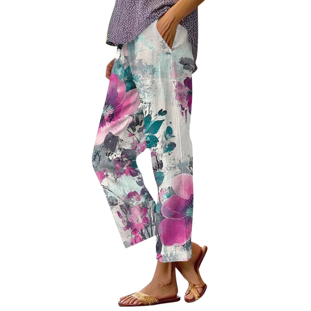 Women Casual Drawstring Waist Pants with Pockets Loose Fit Floral Print Elastic Waistband Lightweight Trousers for Everyday Wear