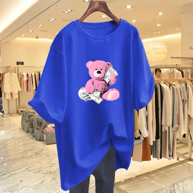 Bear print cotton short-sleeved t-shirt for women's summer new loose round neck medium and long top for women