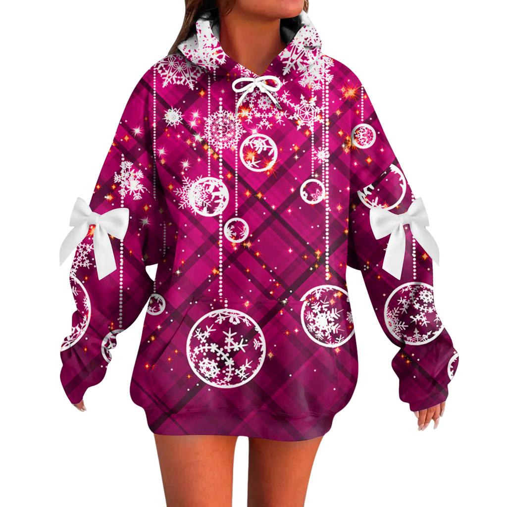 Ladies' Christmas Printed Bow Long Sleeved Loose Fitting Headband With Rope Hooded Sweatshirt Top