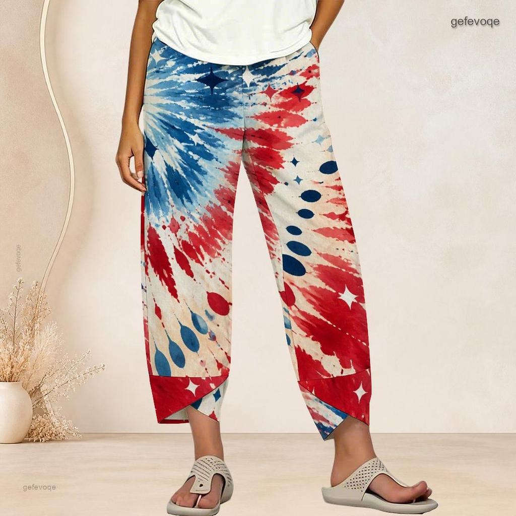 Women Plus Size Cross Hem Long Pants Burst Star Glitter Patriotic Print Loose Casual Trousers