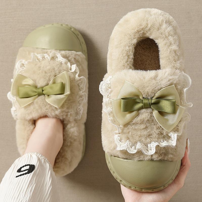 Bow Cotton Slippers Women's Winter New Indoor Home Thick-soled Warm Plush Cotton Shoes Women's Outer Wear