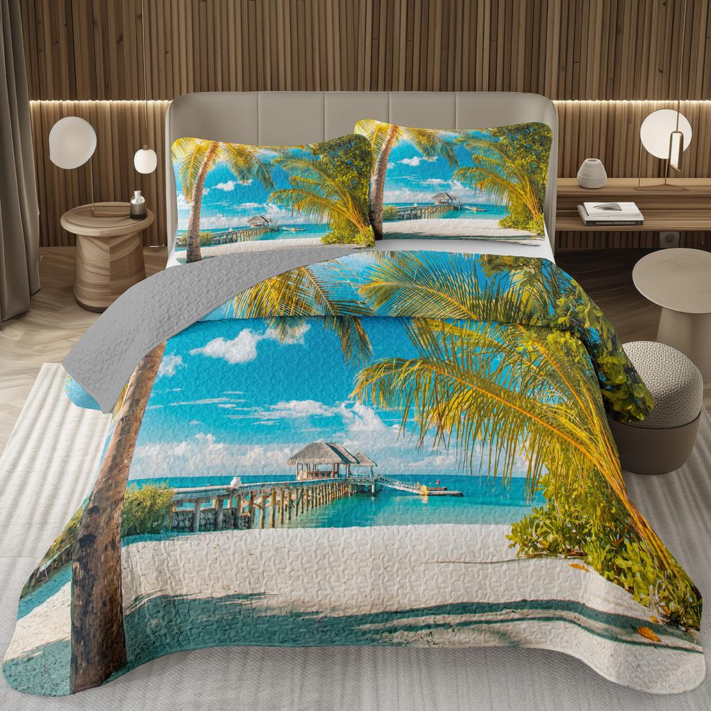 Beach Bedspread Tropical Palm Tree Coverlet SetSea Ocean Quilt Set Twin King Size Seaside Landscape Coastal Theme Bedding Sets