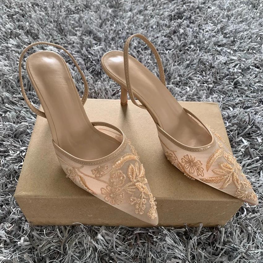 Brand Designer White Women Wedding Pumps Mesh Embroidered Flowers Back Strap Sexy Slingback High Heels Dress Ladies Shoes