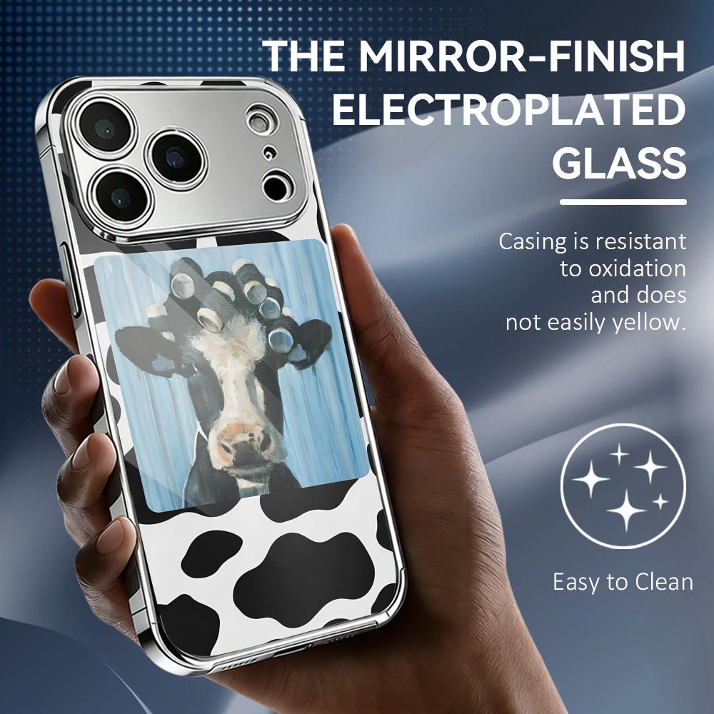 Coque de téléphone mode vache drôle pour iPhone 17 16 15 14 13 12 Pro Max Plus Coque bumper antichoc en métal galvanisé Dos en verre