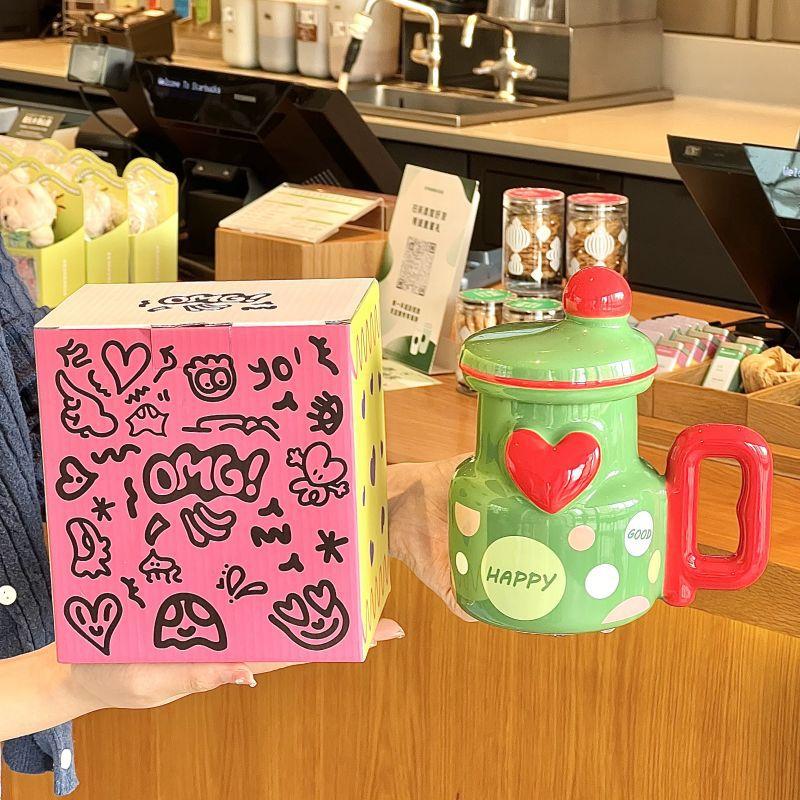 High-value design mug, niche ceramic cup with lid, girls' birthday gift, large-capacity milk coffee cup