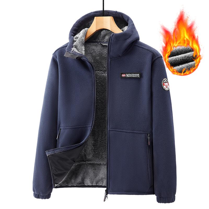 2025 Winter Warm Men's Fleece Jacket Hooded Pockets Solid Color Casual Norway Polar Jacket Cold-Proof Overcoat Plus Size Outwear