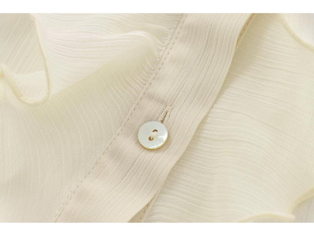 Women's White Ruffled Semi-Transparent Round Neck Tie Long Sleeve Layered Shirt - New French Autumn Design