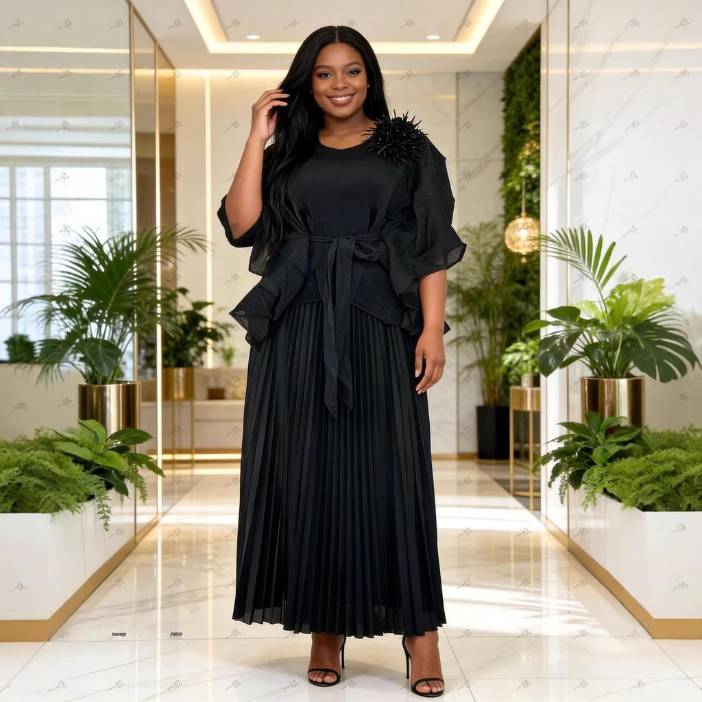 Miyaki Plus Size Lace-up Two-piece Pleated Women's Set
