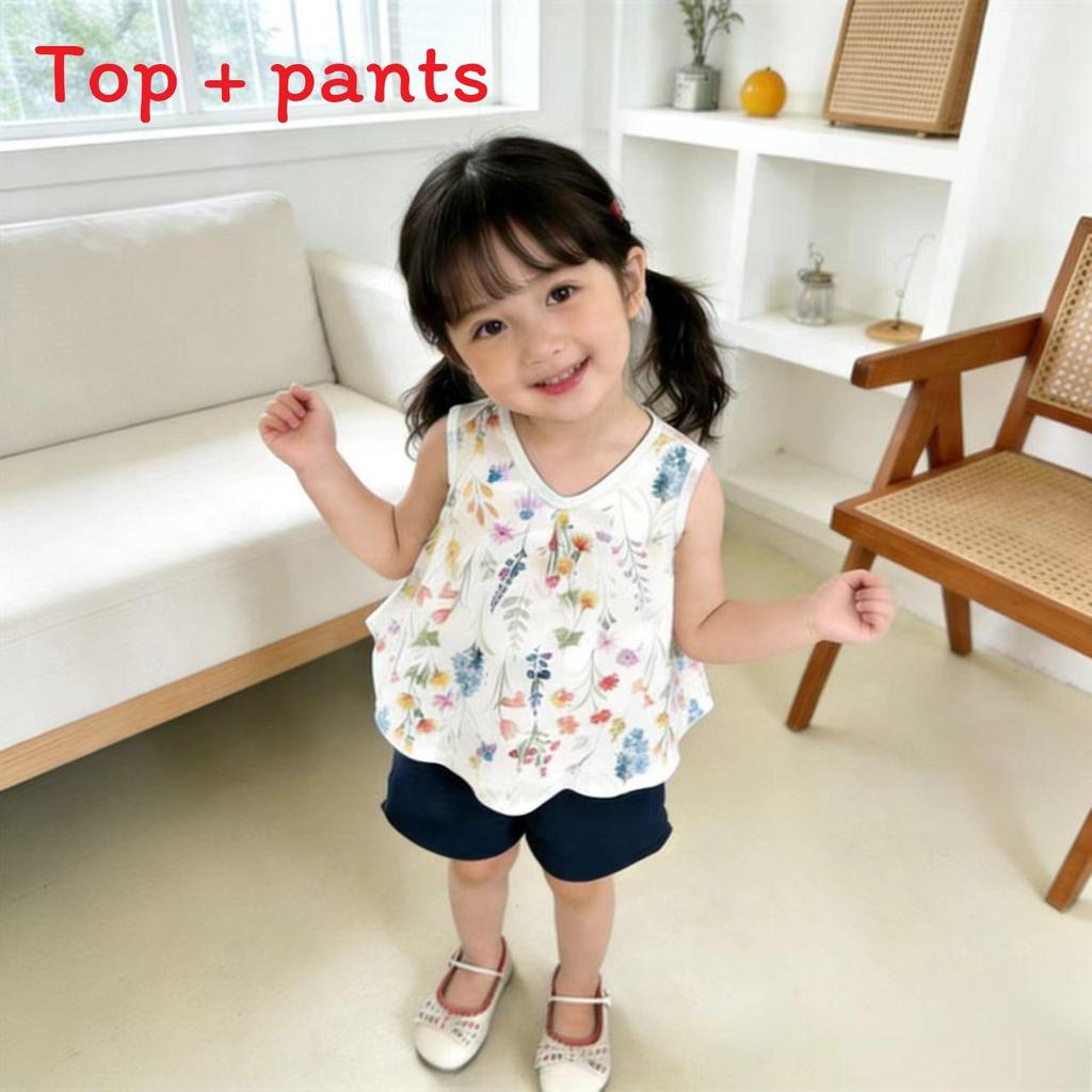 Summer Kids Twopiece Outfit With Floral Pattern Soft Fabric