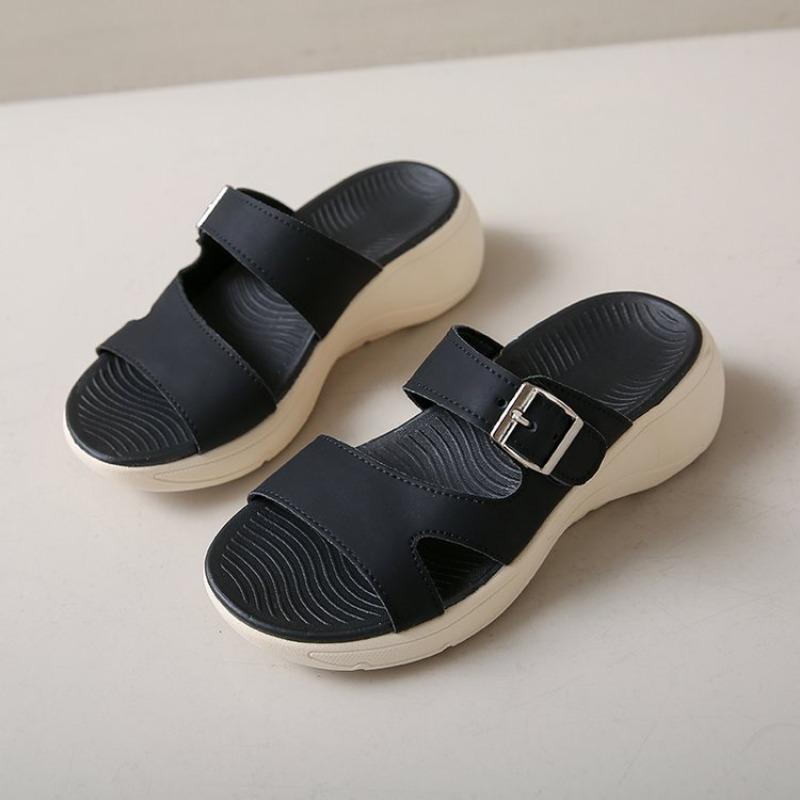Thick-soled Slippers Women's Summer Simple Round Head Outer Wear Belt Buckle Slope Heel Sandals Casual Soft Bottom One-word