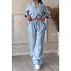Women's Casual Two-piece Solid Color Cotton and Linen Shirt Wide-leg Pants Suit