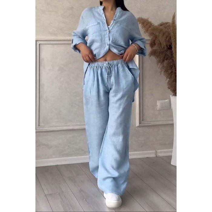Women's Casual Two-piece Solid Color Cotton and Linen Shirt Wide-leg Pants Suit