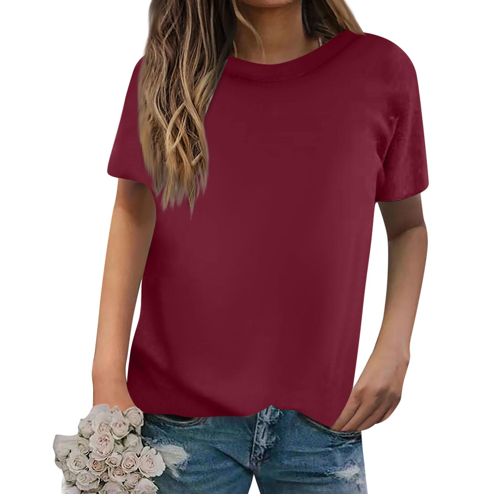 

Женская повседневная свободная однотонная футболка с круглым вырезом, пуловер с коротким рукавом, топ XL винный