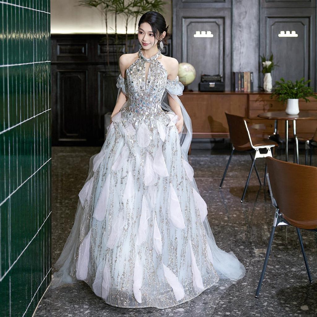 Evening dress women's 1011 new neck engagement morning robe heavy industry light luxury bridal toasting clothes host catwalk dress