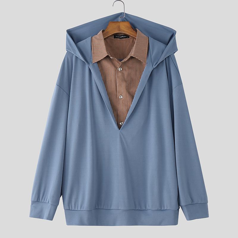 

INCERUN Мужские толстовки оверсайз с длинным рукавом, в стиле пэчворк, с капюшоном, пуловеры, повседневные худи 5XL синий