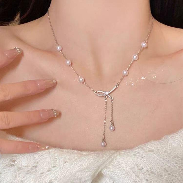 Bow Pearl Fringed Clavicle Chain Temperament Versatile Beaded Sweater Chain Accessories Neck Chain Accessories