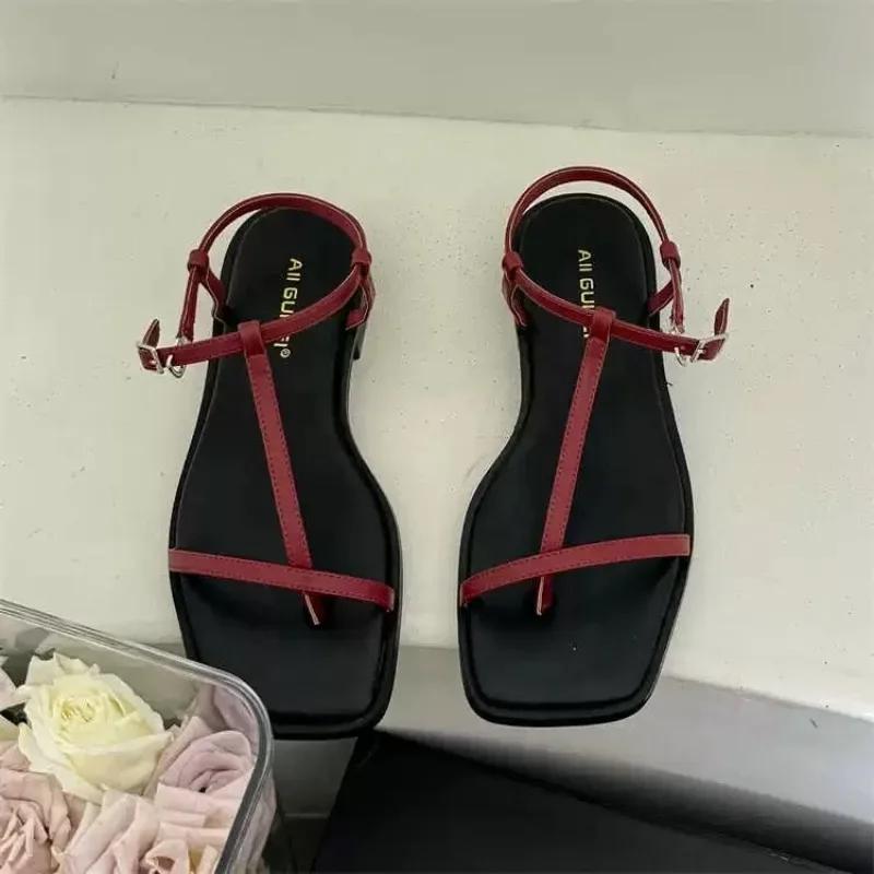 

Модная женская обувь 2024 года, новые женские сандалии с ремешком на щиколотке, летние однотонные повседневные пляжные сандалии с пряжкой и защипом, Zapatos De Mujer 40 красный