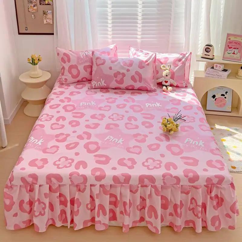 All Season Universal Ruffle Edge Single Bed Cover Printed Cotton Bed Skirt Three Piece Set Soft Comfortable Bedding Bedspread