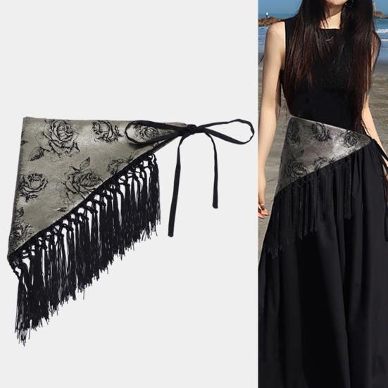 Cinturón Bufanda Larga Estrecha Boho Fajín Triangular con Borlas para Mujer Accesorio de Cintura Floral Retro para Vestidos Jeans