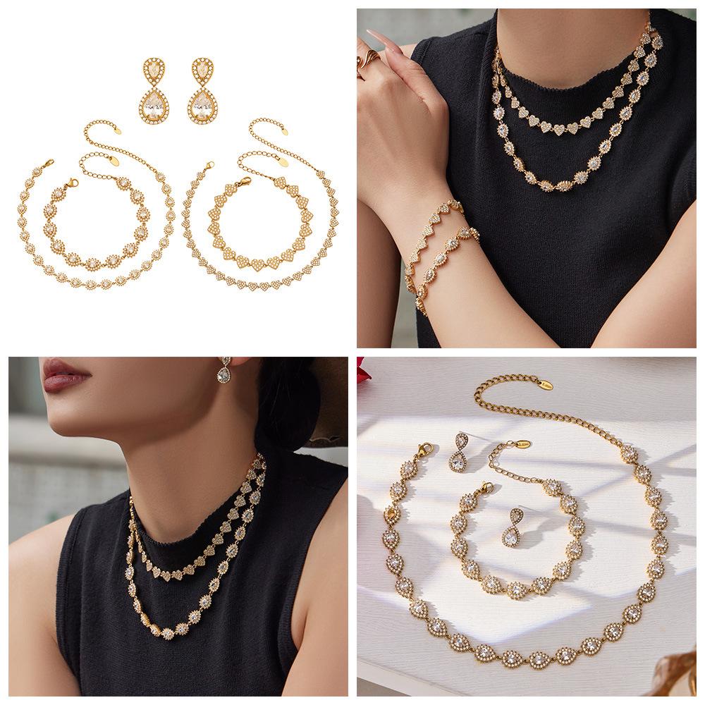 Luxury Zirconia Diamond Bracelet and Necklace Set with Stainless Steel Pendant and Retro Earrings